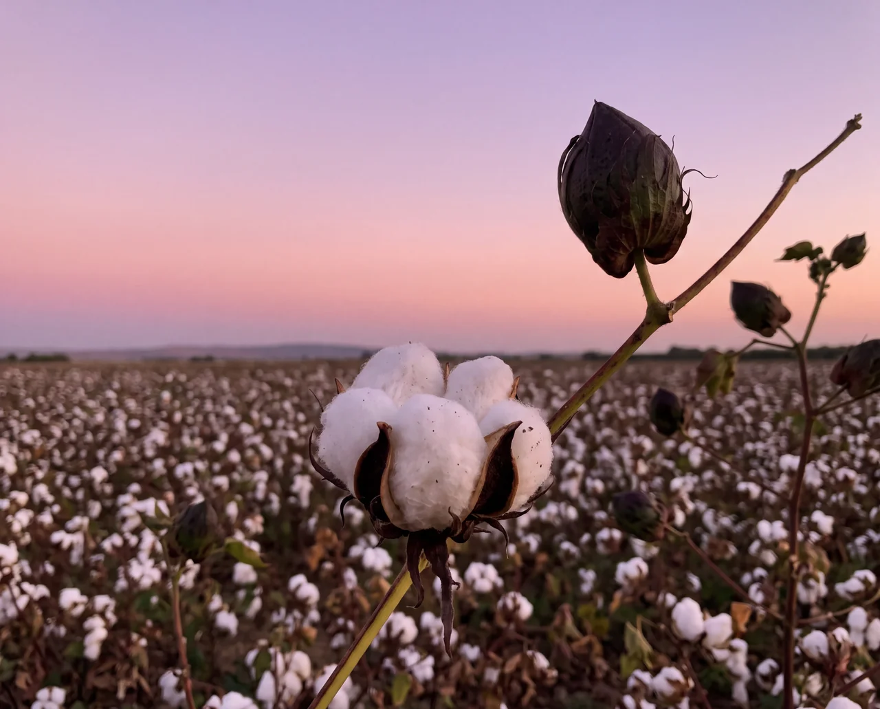 Open cotton boll in the field at dusk in Sicily