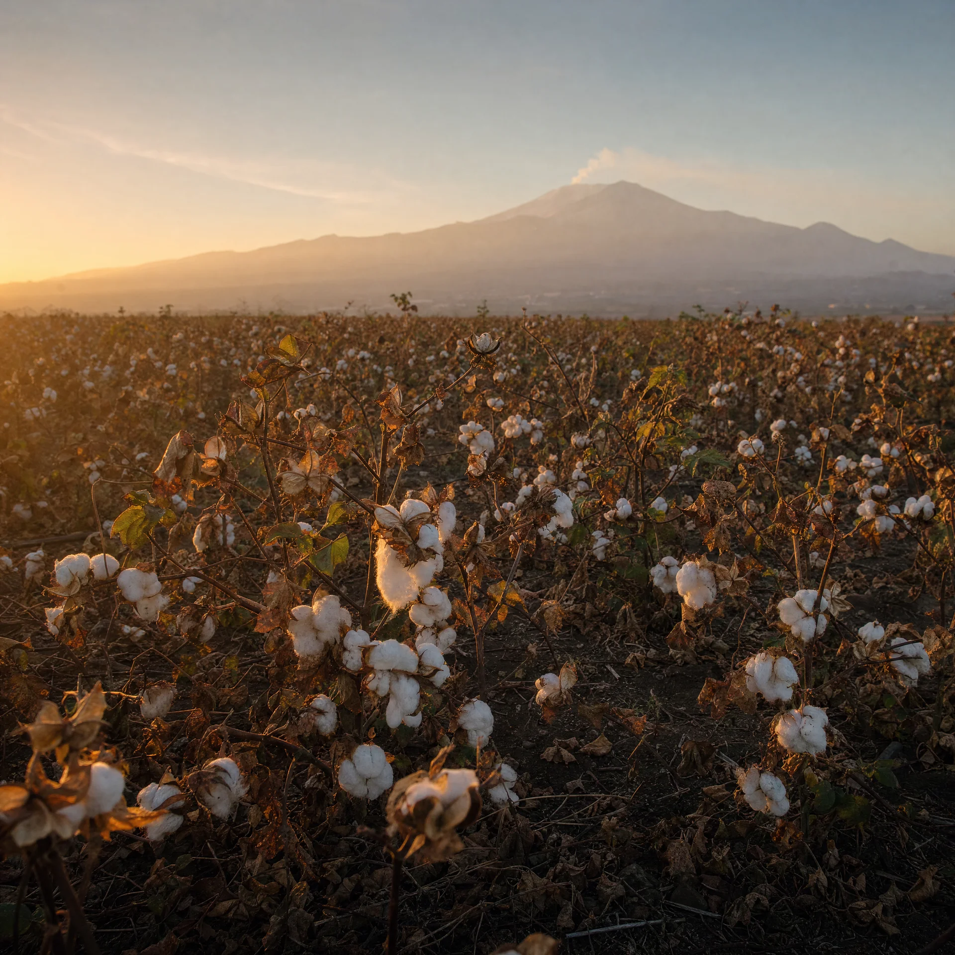 The Beast Field — organic cotton field in Sicily at sunrise with Mount Etna in the distance